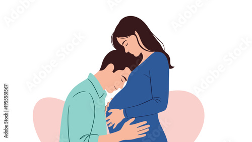 Loving man gently leans his head against his pregnant partner's belly in a touching moment of connection and anticipation for their baby.