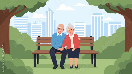 Happy elderly couple sits together on a wooden park bench with a city skyline and green trees in the background during a peaceful afternoon.