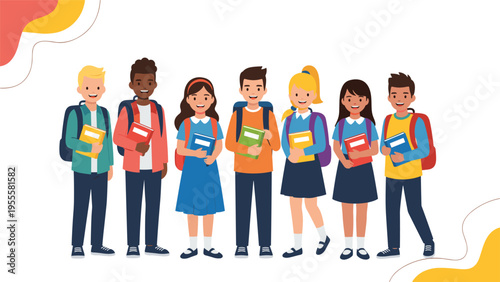 Group of diverse elementary school children standing together with their backpacks and books, ready for their first day of classes at school.