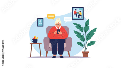 Senior woman with glasses sitting comfortably in a purple armchair while using her smartphone to communicate with her family and friends.