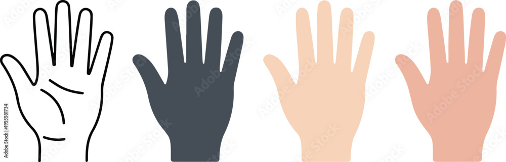Obraz premium Set of four minimalist icons of human hands in different skin tones and styles including outline and solid for communication diversity and greeting concepts.