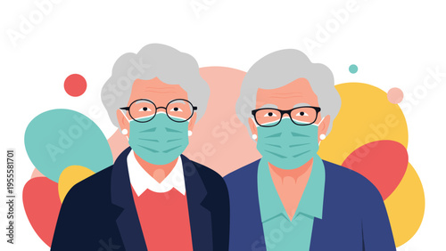 Two elderly women with gray hair wearing protective medical face masks and glasses to stay safe during a pandemic or in a public space.
