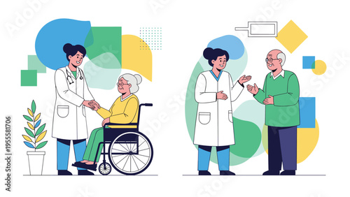 Female doctor in a white coat caring for an elderly woman in a wheelchair and talking to an elderly man in a modern medical clinic setting.