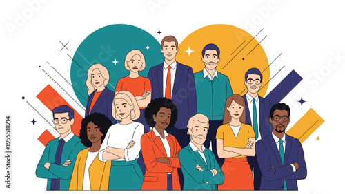 Diverse group of professional business people in various formal and semi-formal outfits standing together against a colorful background.