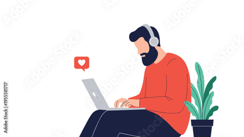 Bearded man with headphones sitting on the floor while focused on working or studying on his laptop with a notification icon above him.