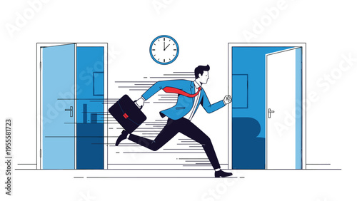 Stressed businessman in a blue suit carrying a briefcase runs between two open office doors under a large wall clock.