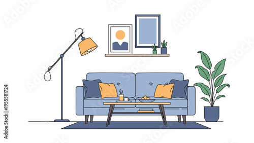 Modern living room interior featuring a light blue sofa with colorful pillows, a coffee table, and indoor plants in a minimalist style.