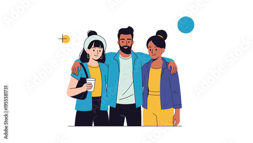 Group of diverse young friends including a man and two women stand together in a friendly embrace against a clean white background.