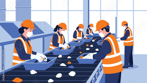 Group of factory workers wearing protective masks and high-visibility vests work diligently along a moving conveyor belt assembly line.