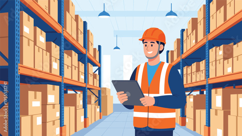 Smiling warehouse worker wearing a safety helmet and vest uses a digital tablet to manage inventory among high shelves filled with boxes.