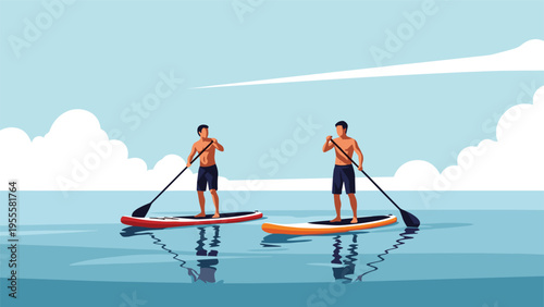 Two athletic men stand on paddleboards and navigate the calm blue ocean waters under a clear sky with scattered white clouds.