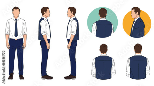 Multiple views of a male character wearing a white dress shirt, blue vest, and matching trousers shown from different angles and perspectives.