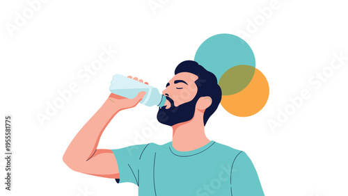 Bearded man in a teal shirt tilted his head back to drink refreshing water from a plastic bottle against a simple background.