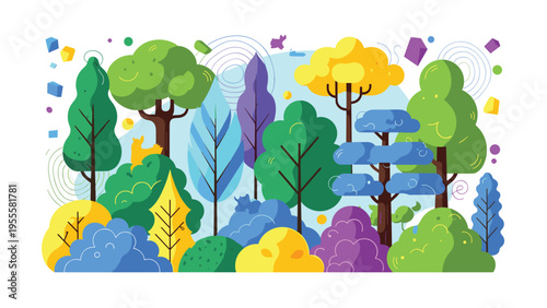 Colorful abstract forest landscape featuring a dense variety of stylized trees and shrubs in bright blue, green, yellow, and purple hues.