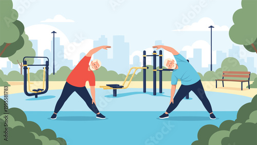 Two senior men perform stretching exercises at an outdoor public gym area in a sunny park with city buildings in the background.