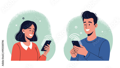 Smiling young woman and man engage with their mobile smartphones while standing in circular frames against a green textured backdrop.