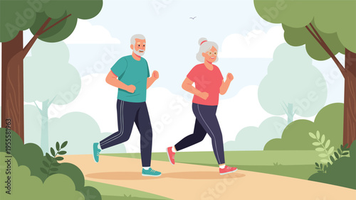 Active elderly couple wearing athletic clothing enjoys a morning jog along a dirt path in a sunny park filled with trees.