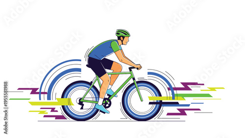 Athletic cyclist in a green helmet and blue jersey rides his mountain bike at high speed with abstract motion lines.