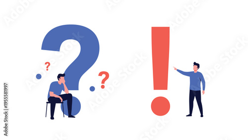 Two male characters illustrate the concepts of doubt and discovery by posing next to a large question mark and exclamation point.