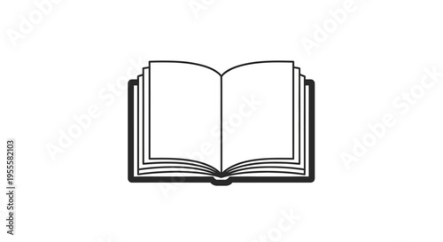 Minimalist monochrome book illustration with open pages on a pristine white background