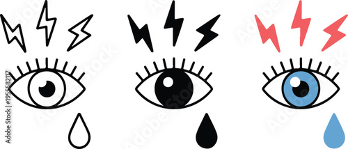 Set of three minimalist human eye icons with pain symbols and teardrops for ophthalmology health allergy and vision care concepts isolated on white background.