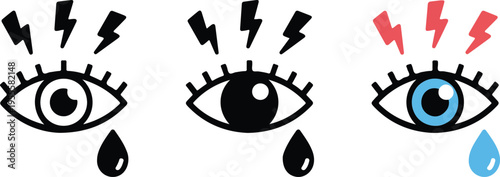 Set of three minimalist human eye icons with pain symbols and teardrops for ophthalmology health allergy and vision care concepts isolated on white background.