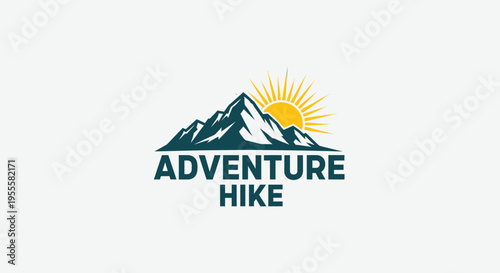 Adventure Hike Logo Featuring Mountains and Sun for Outdoor Activities.