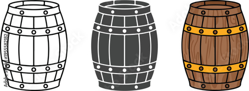 Set of three minimalist wooden barrel icons in outline and detailed wood grain styles for brewery agriculture and historical storage concepts isolated on white background.