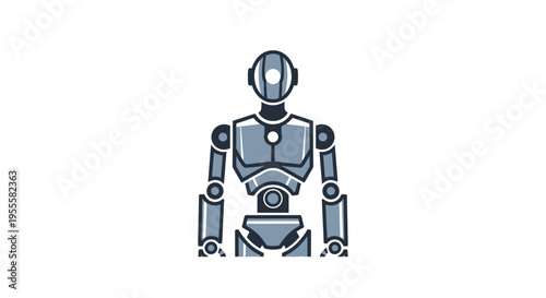 A stylized illustration featuring a robotic figure against a clean white background
