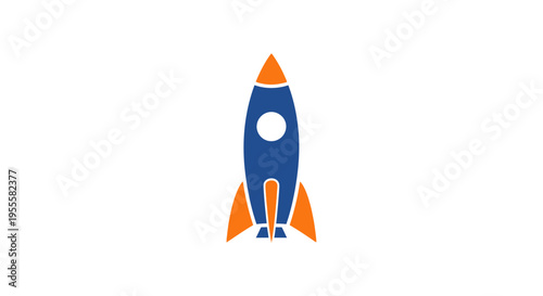 A stylized illustration of a rocket ship with blue and orange accents on a white backdrop