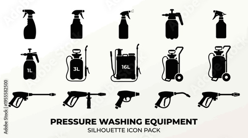 Pressure washing silhouette icon pack with sprayers tanks and guns
