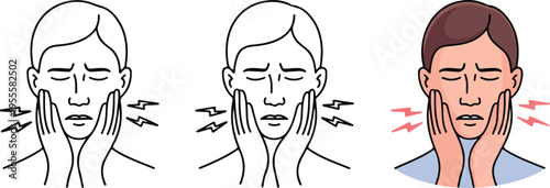 Set of three minimalist human face icons with pain symbols for dentistry toothache sensitivity and facial nerve health concepts isolated on white background.