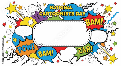 National cartoonists day colorful comic book style illustration with speech bubbles and stars