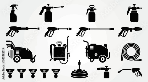 Pressure washing equipment silhouette set with guns nozzles and hose
