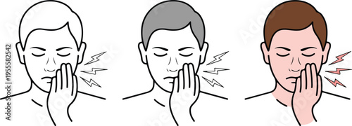 Set of three minimalist human face icons with pain symbols for dentistry toothache sensitivity and facial nerve health concepts isolated on white background.