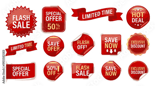 Bundle of bold red promotional labels with discounts and special offers on white background