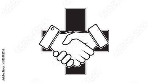 Healthcare Partnership Agreement Handshake With Medical Cross Illustration Representing Hospital Collaboration Insurance Contracts And Corporate Growth Strategy