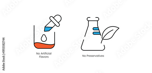 Clean label and pure ingredients vector line icons featuring a "No Artificial Flavors" dropper and a "No Preservatives" laboratory flask symbol for natural cosmetics and healthy food.