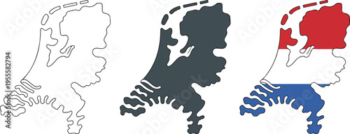 Set of three minimalist icons of the Netherlands map in outline solid and national flag color styles for travel geography and Dutch culture concepts.