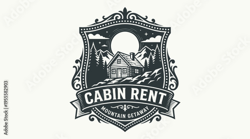Cabin Rent Mountain Getaway Logo Design with Nature Elements.