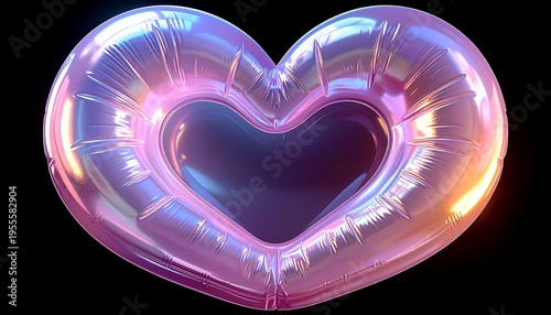 3D Iridescent Pink Heart Shaped Balloon with Hollow Center Isolated on Black Background