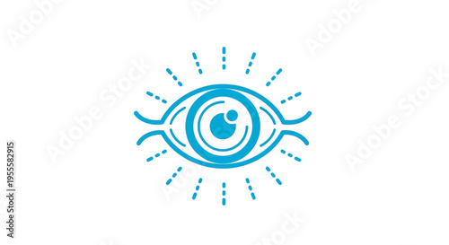 Abstract eye symbol with radiant beams of light emanating outwards on a white background