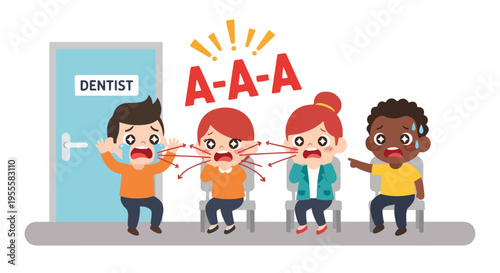 Cartoon illustration of four diverse people sitting in a dentist's office with one screaming in pain and the others reacting in fear or disgust.