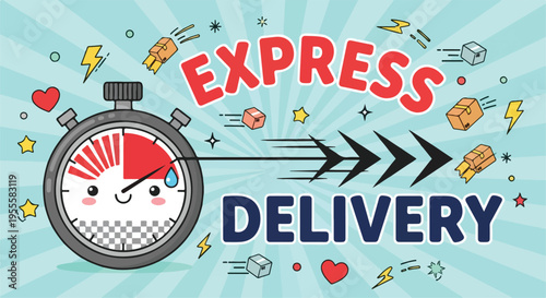 Graphic illustration of a stopwatch with a smiling face and the words 'EXPRESS DELIVERY' in bold, colorful letters, surrounded by various icons and symbols on a light blue background.