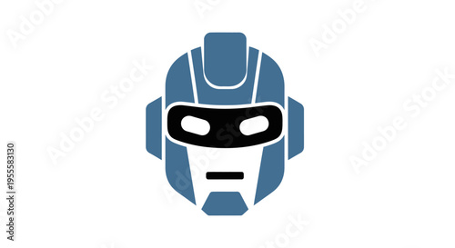 A stylized illustration of a robot's head in a graphic, futuristic, and technological design