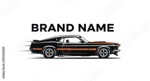 Classic Black Muscle Car Speeding with Orange Stripe Detail and Brand Name.