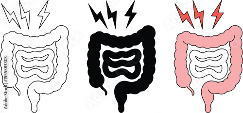 Set of three minimalist human brain icons with pain symbols for neurology migraine headache health education and medical research concepts isolated on white.