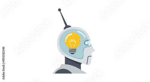 Illustration of a robot's head with a lightbulb representing innovation and artificial intelligence