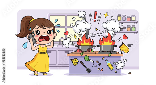 Cartoon woman in yellow dress shocked while talking on phone in kitchen with burning pot and chaotic scene.