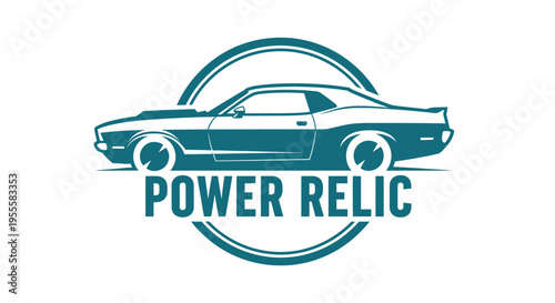 Classic muscle car logo design with Power Relic text and circular frame.